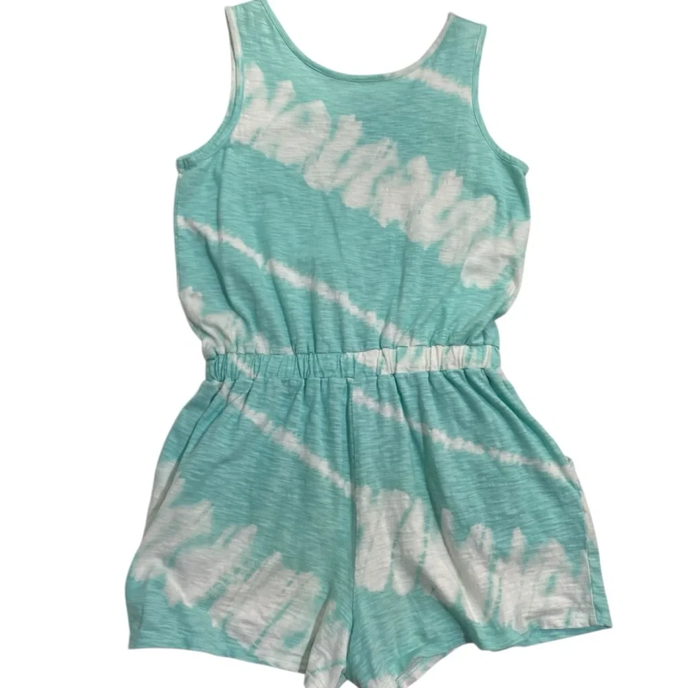 Justice Romper Shorts Tank Style Aqua and White Tie-Dye Size 12/14 Large Girls